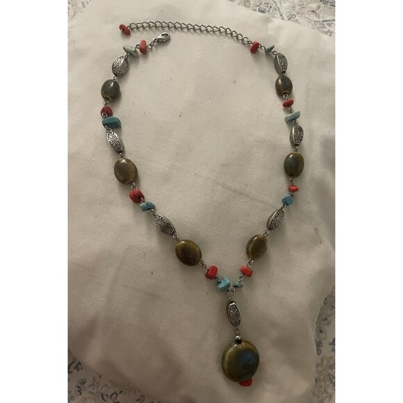 Vintage Beaded Necklace Red And Turquoise Beads Pendant - Picture 2 of 6